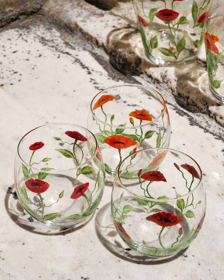 Bedside Table Water Hand-painted Glass Set Poppy Orange