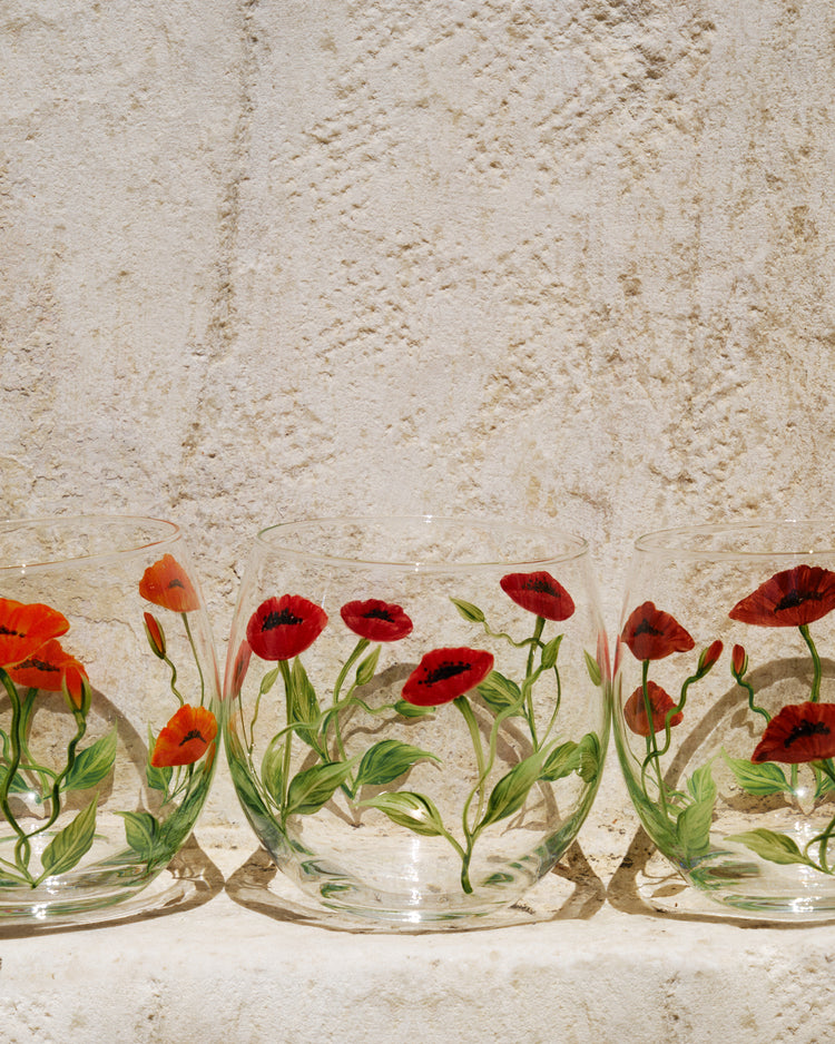Bedside Table Water Hand-painted Glass Set Poppy Bordeaux