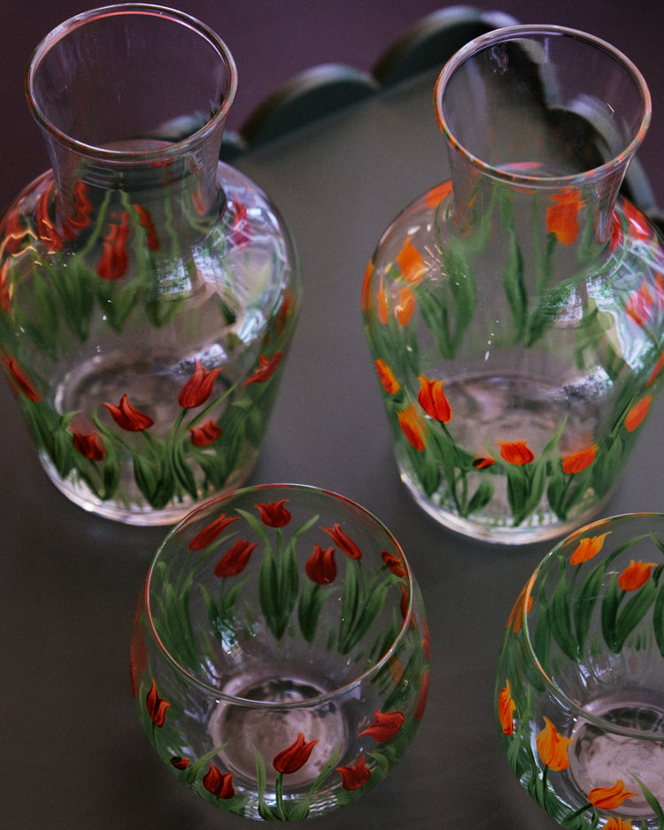 Bedside Table Water Hand-painted Glass Set Tulip Red