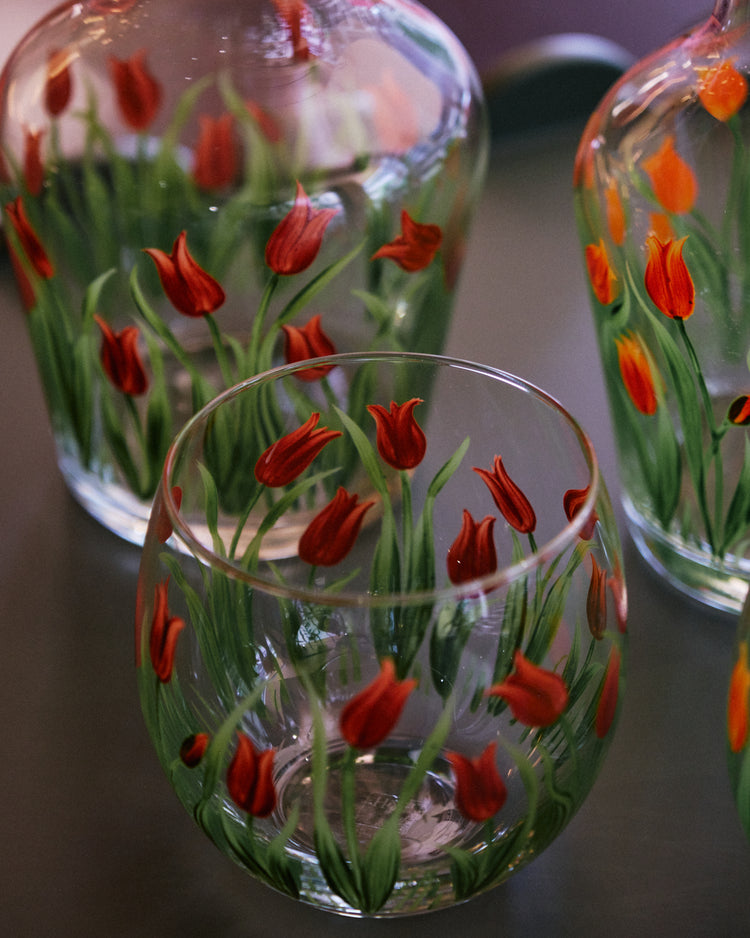 Bedside Table Water Hand-painted Glass Set Tulip Red