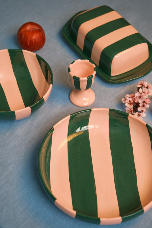 Striped Pink & Green Ceramic Breakfast Plate