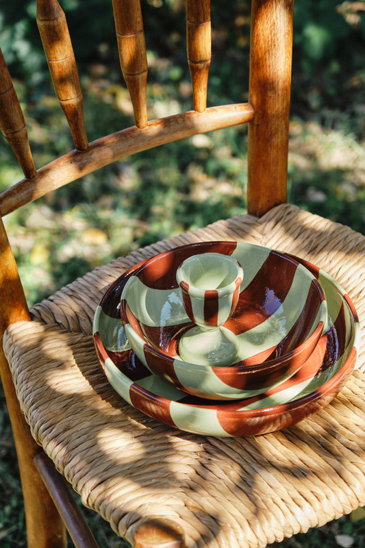 Striped Brown & Green Ceramic Breakfast Plate