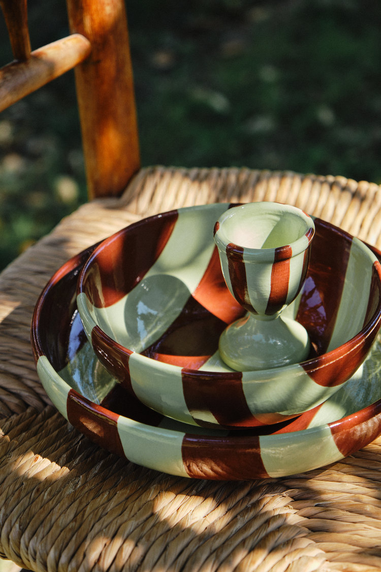 Set of 2 Striped Brown & Green Ceramic Egg Holders