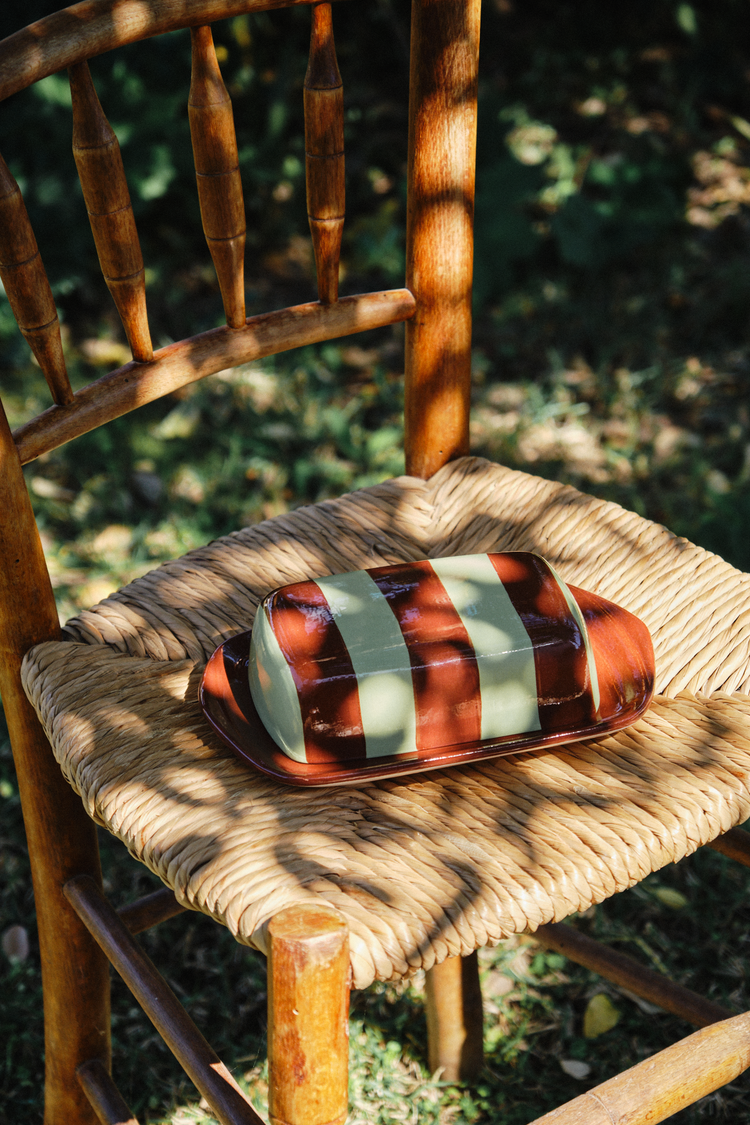 Striped Brown & Green Ceramic Butter Dish