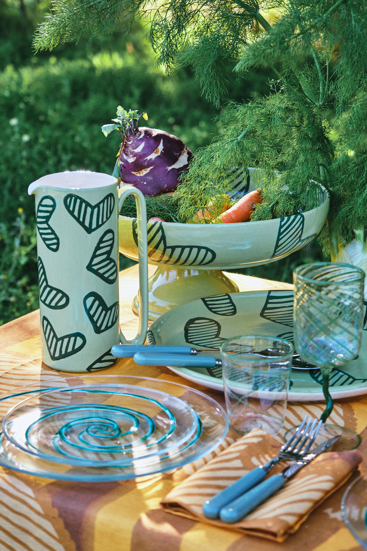Hearts Hand-Painted Green Ceramic Tall Carafe