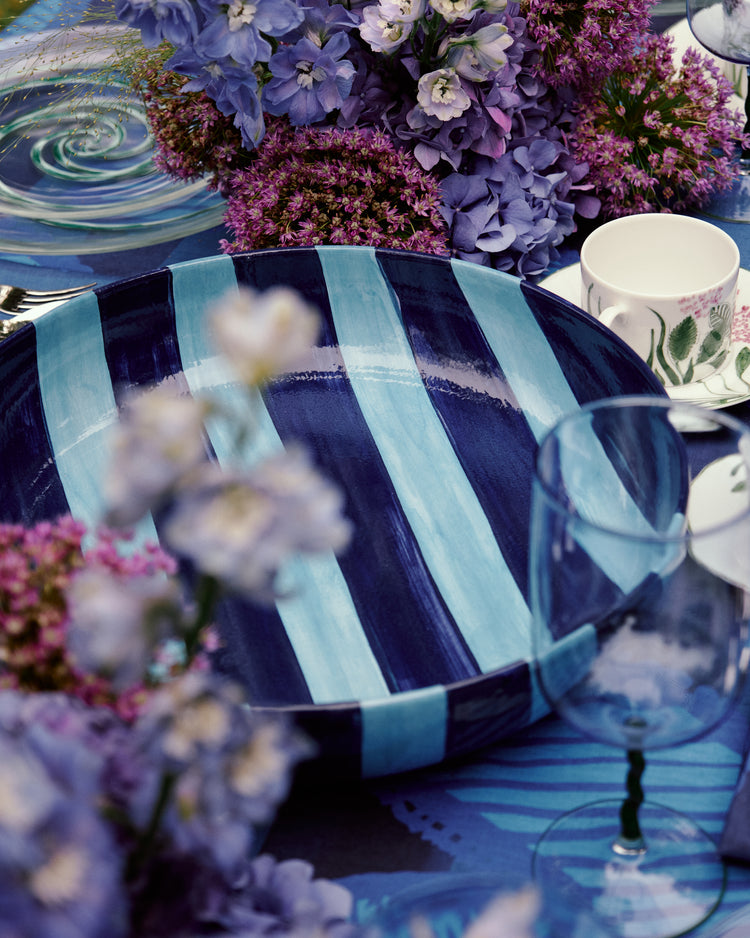 Striped Indigo Blue Ceramic Salad Bowl