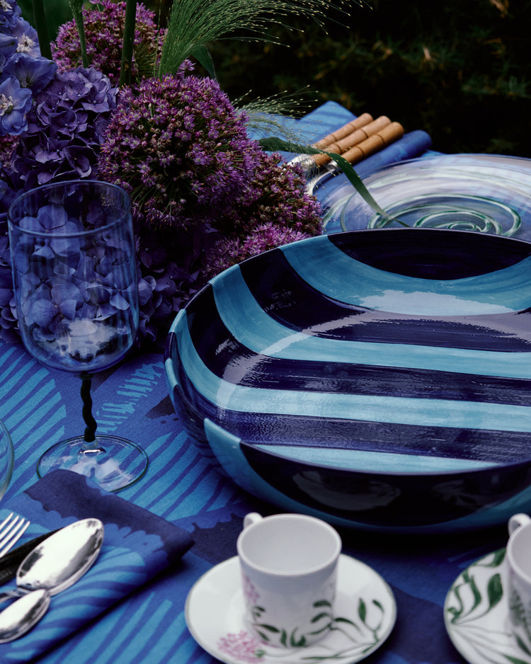 Striped Indigo Blue Ceramic Salad Bowl