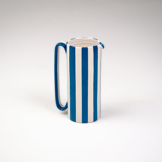 Striped White & Blue Tall Ceramic Carafe