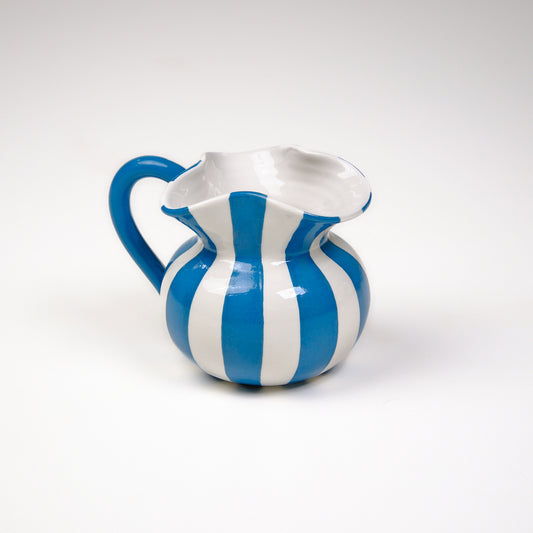 Striped White & Blue Short Ceramic Carafe
