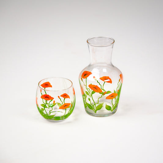 Bedside Table Water Hand-painted Glass Set Poppy Orange