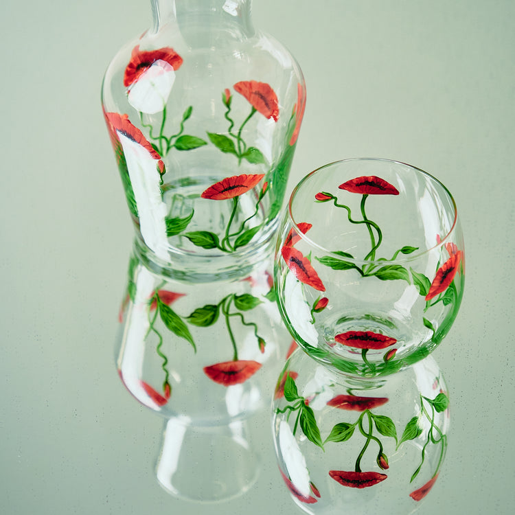 Bedside Water Carafe & Glass Set Hand-Painted Poppy Red