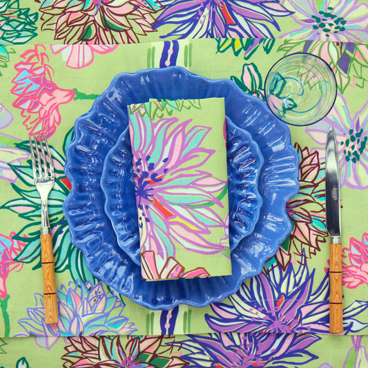 Flower Fields Green Linen Tablecloth