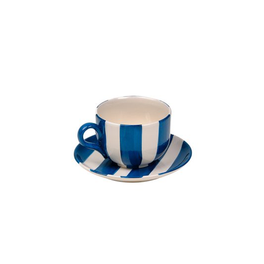 Striped White & Blue Ceramic Cappuccino Cups Set of 2