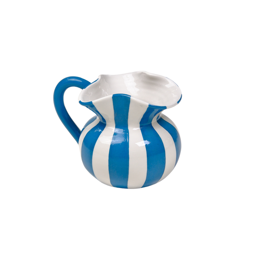 Striped White & Blue Short Ceramic Carafe