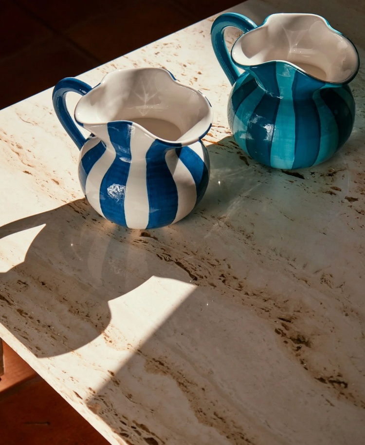 Striped White & Blue Short Ceramic Carafe