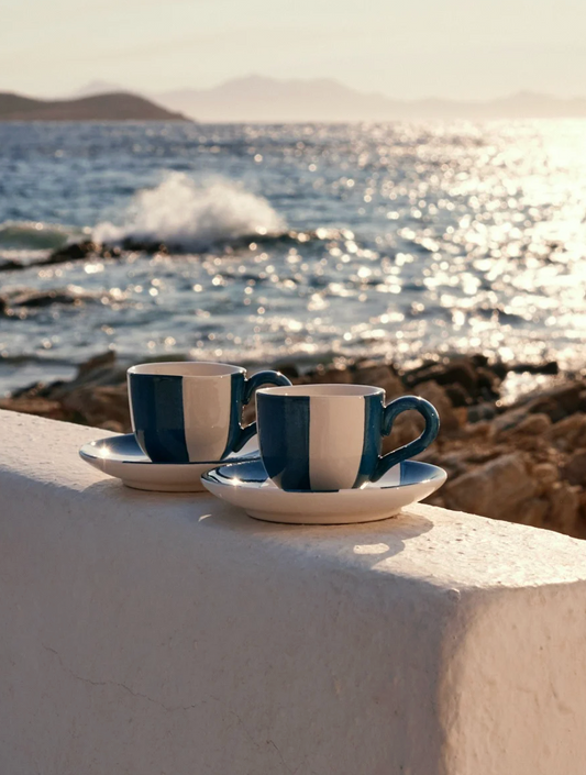 Striped White & Blue Ceramic Espresso Cups set of 2