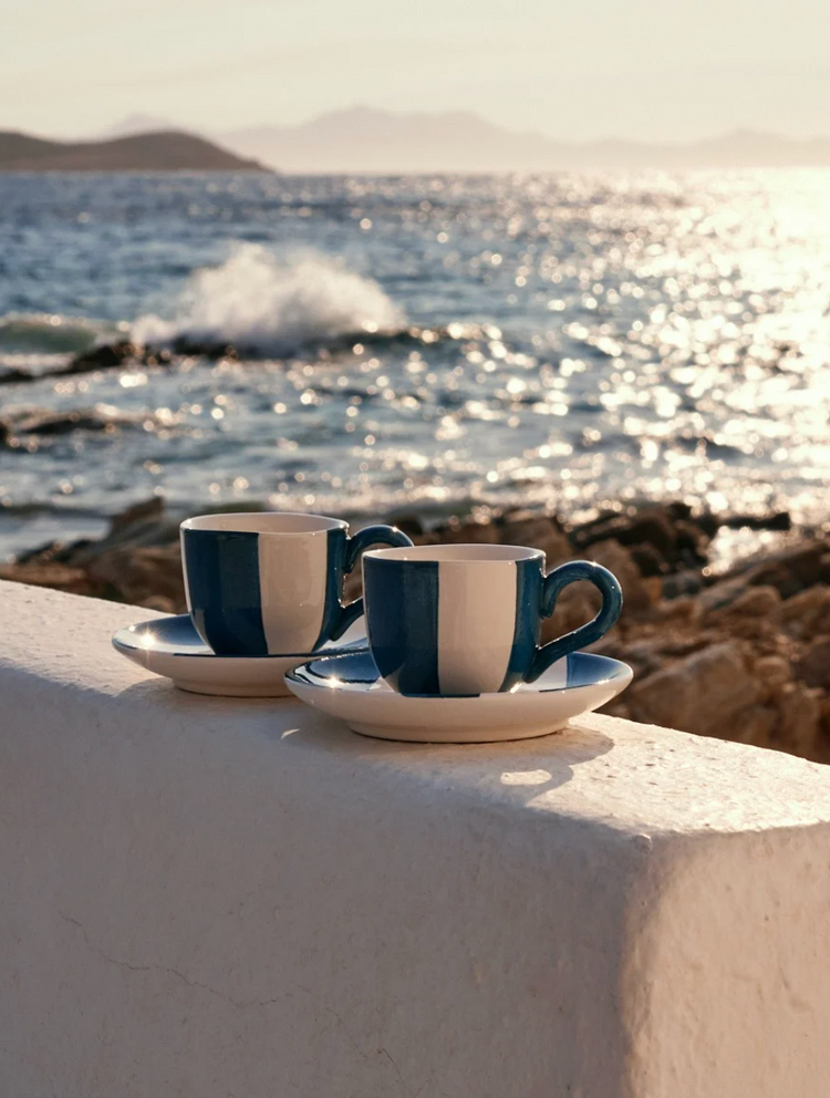 Striped White & Blue Ceramic Espresso Cups set of 2