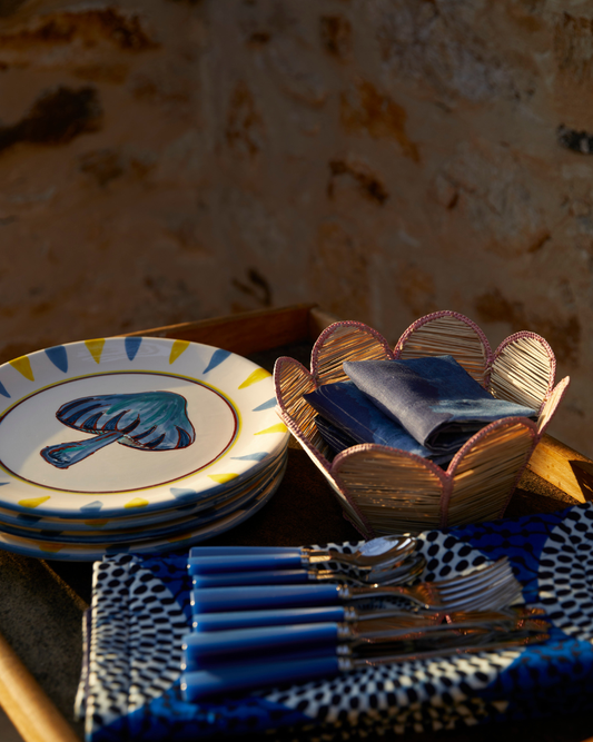 Mushroom Hand-Painted Blue Ceramic Dessert Plate