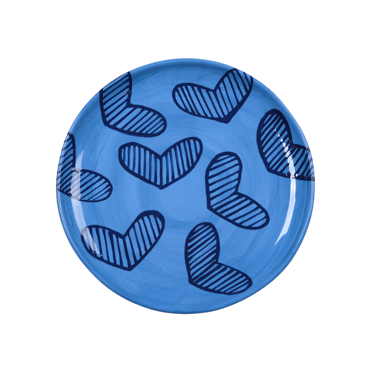 Hearts Hand-Painted Blue Ceramic Large Platter