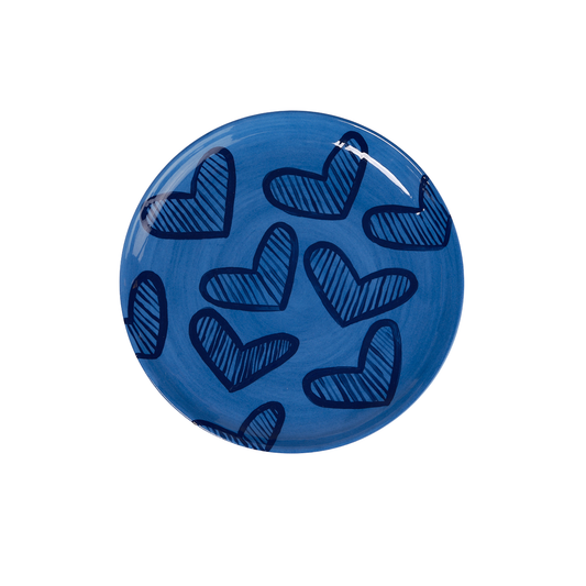 Hearts Hand-Painted Blue Ceramic Dinner Plate