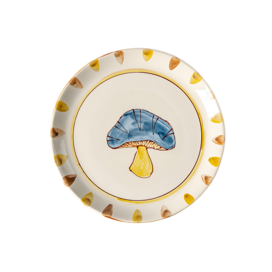 Mushroom Hand-Painted Blue Ceramic Dinner Plate
