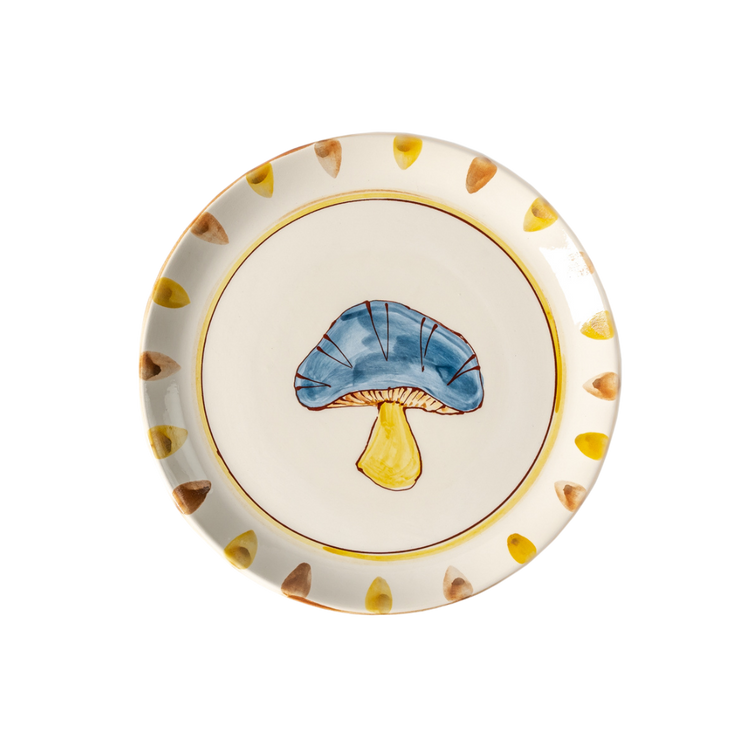 Mushroom Hand-Painted Blue Ceramic Dinner Plate