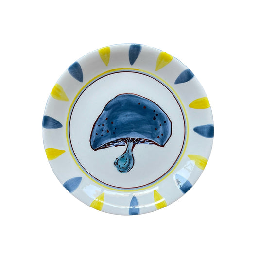 Mushroom Hand-Painted Blue Ceramic Dessert Plate