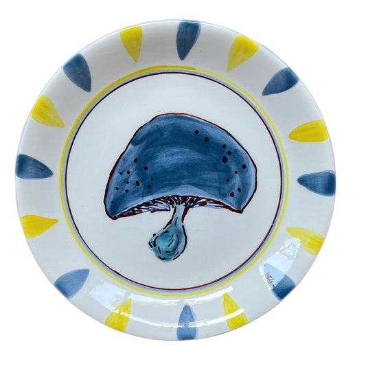 Mushroom Hand-Painted Blue Ceramic Dinner Plate