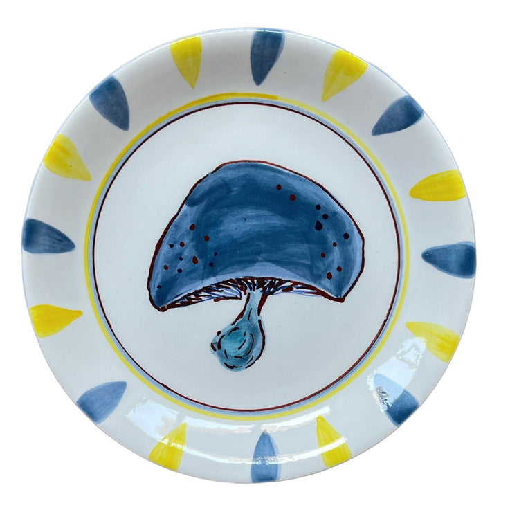 Mushroom Hand-Painted Blue Ceramic Dinner Plate