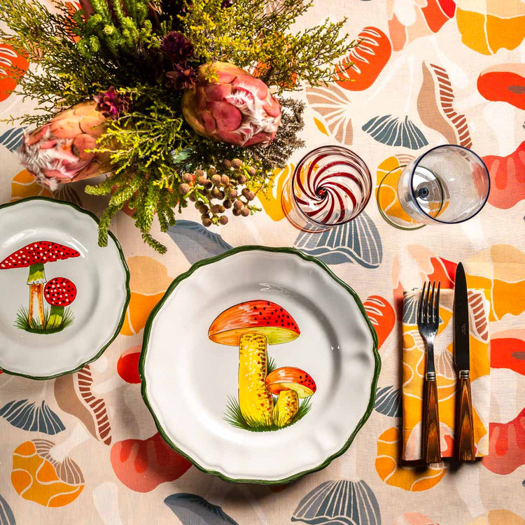 White Linen Tablecloth with mushrooms