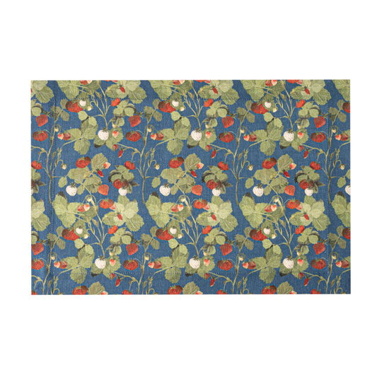 Set of 2 Strawberries Blue Linen Quilted Placemats