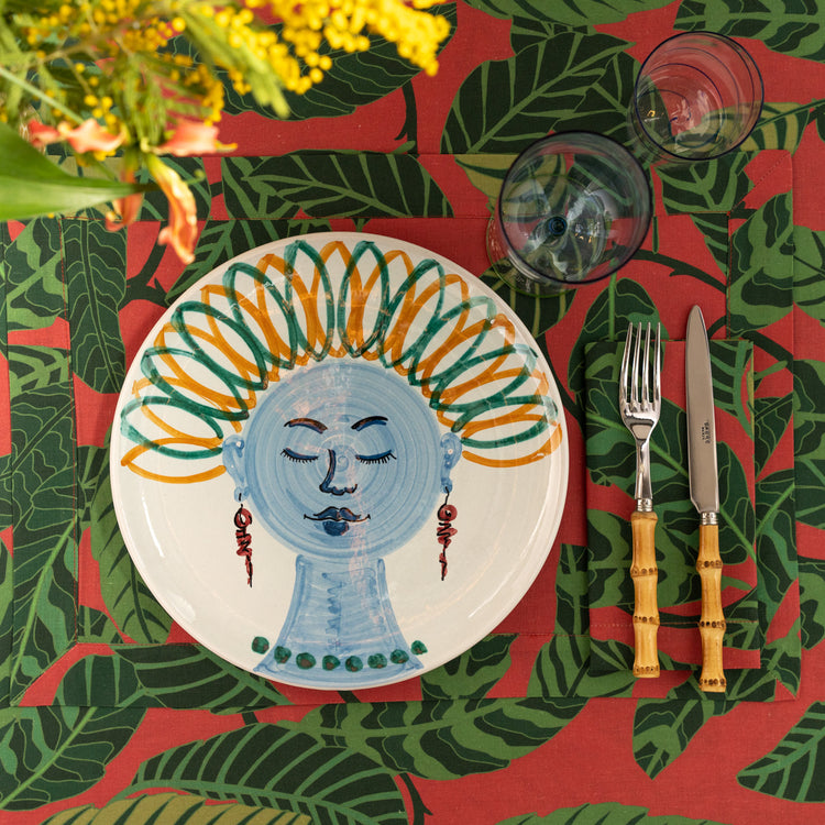Red Linen Placemat in a green leaves pattern