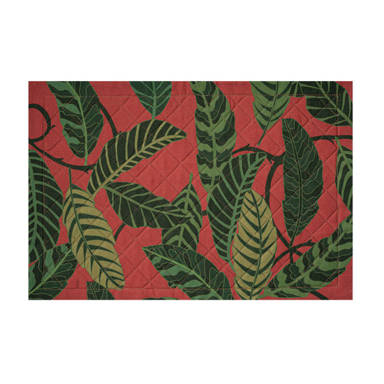 Red Linen Quilted Placemat in a green leaves pattern