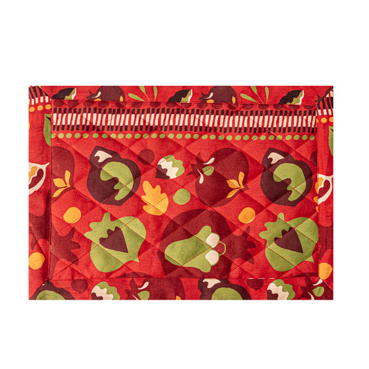 Linen Quilted Placemat in a red pomegranates pattern