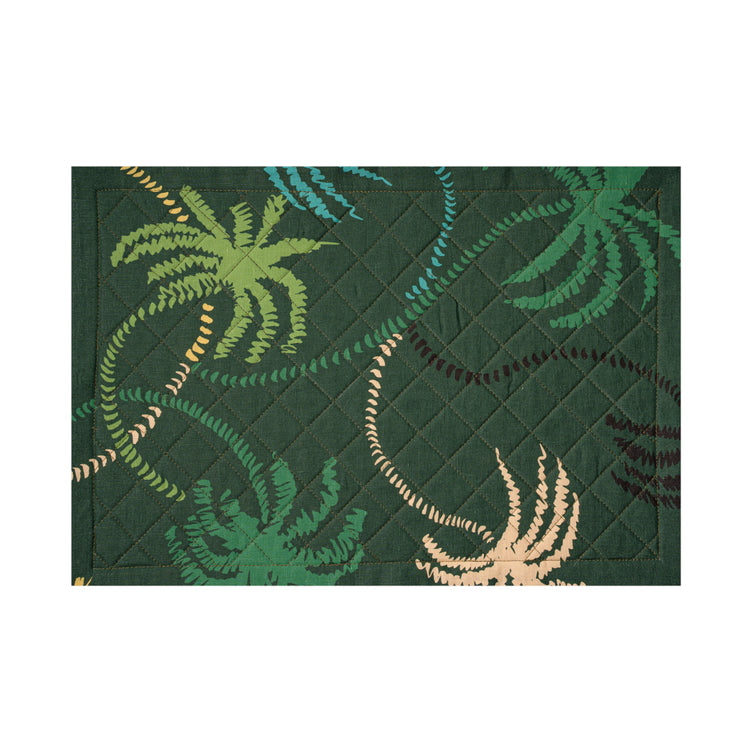 Dark Green Linen Quilted Placemat in a palm trees pattern
