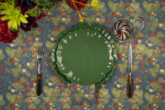 Set of 2 Strawberries Blue Linen Quilted Placemats