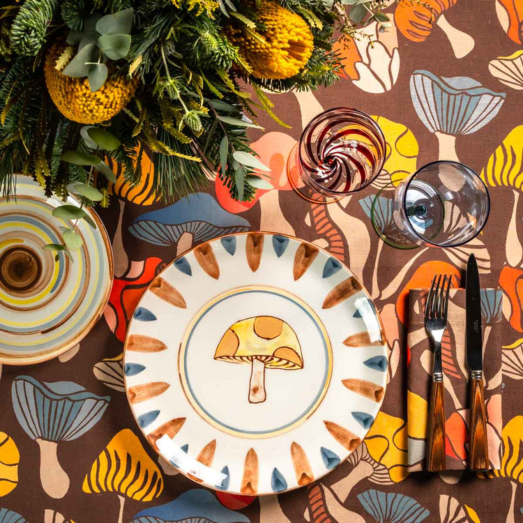 Linen Placemat in a brown mushrooms pattern