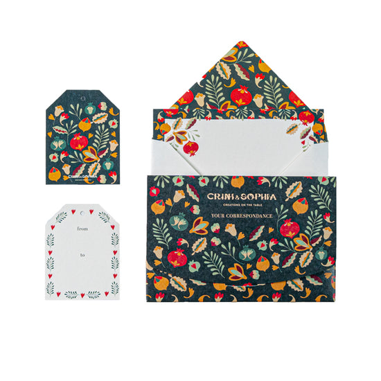 Correspondence box including 10 cards, 10 envelopes and 10 gift tags in a green pomegranates pattern.