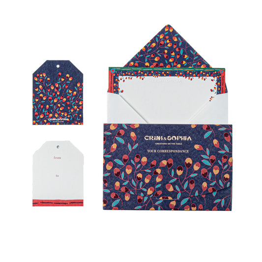 Correspondence box including 10 cards, 10 envelopes and 10 gift tags in a purple floral pattern.