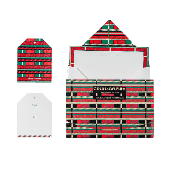 Correspondence box including 10 cards, 10 envelopes and 10 gift tags in a green stamps pattern.