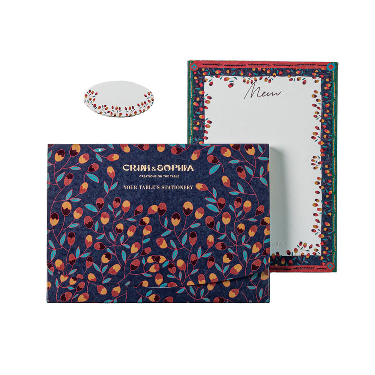 Table's Stationery including 10 menu cards and 10 place cards, in a purple floral pattern