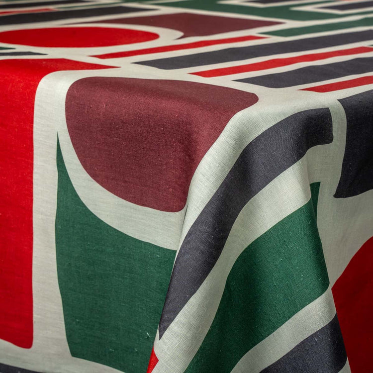 Linen Tablecloth with with abstract geometric shapes, in a bold color palette.