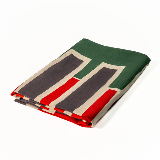 Linen Tablecloth with with abstract geometric shapes, in a bold color palette.