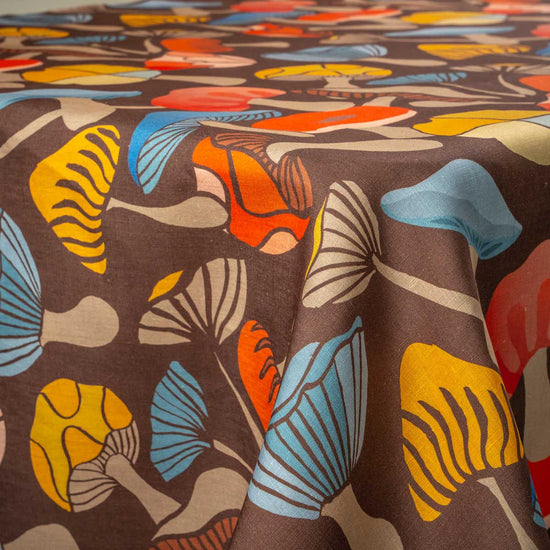 Brown Linen Tablecloth with mushrooms