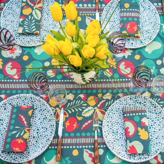 Linen Placemat in a green pomegranates pattern