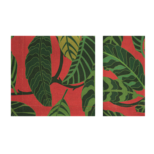 Red Linen Napkins with green leaves
