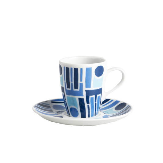 Porcelain espresso cup with saucer with abstract geometric shapes in a bold color palette. 
