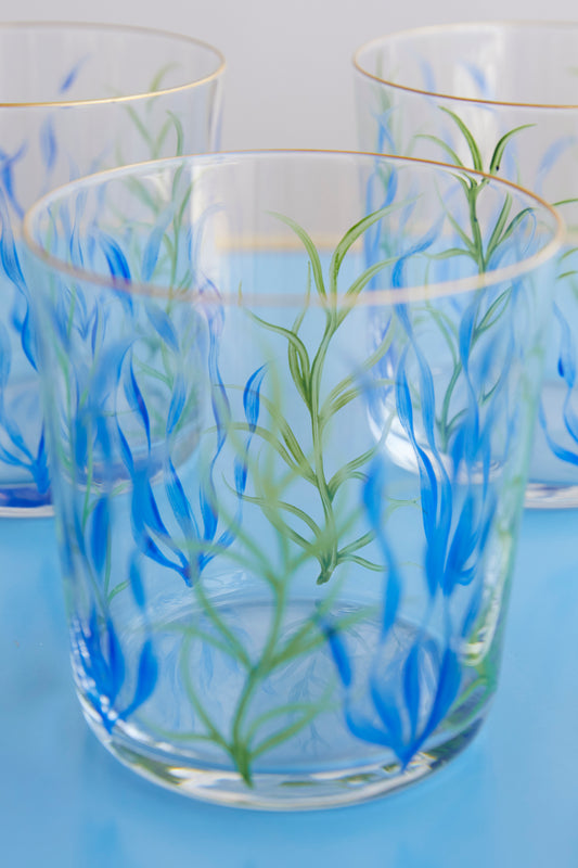 Blue Seaweed Hand-Painted Tumbler Glass