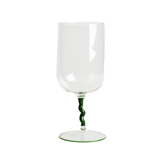 Handmade wine glass with green spiral stem