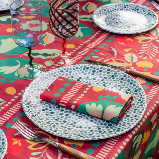 Linen Placemat in a terracotta pomegranates pattern